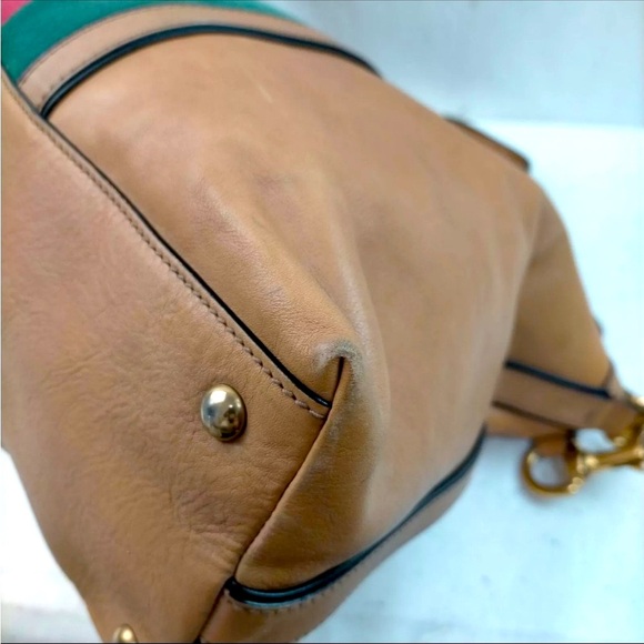 Auth Gucci Camel Brown Leather Web Sherry pqLine 2way Rania Boston Doctor Duffle - Picture 4 of 9